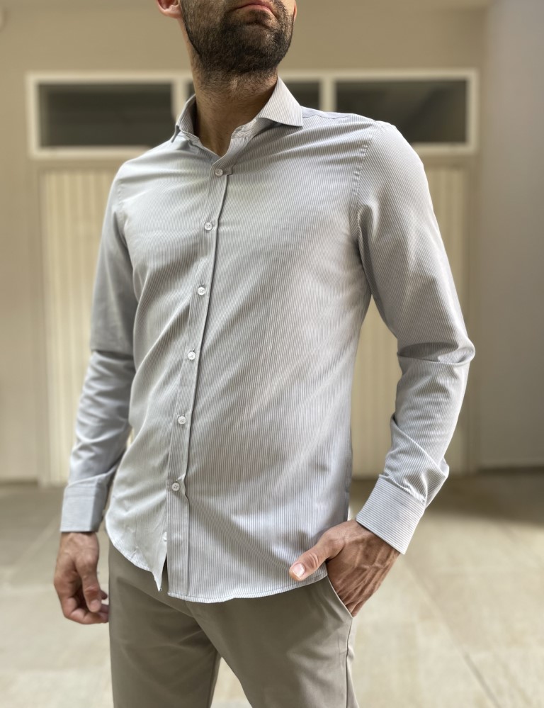 Ανδρικό γκρι ριγέ πουκάμισο με γιακά 1820G φωτογραφία